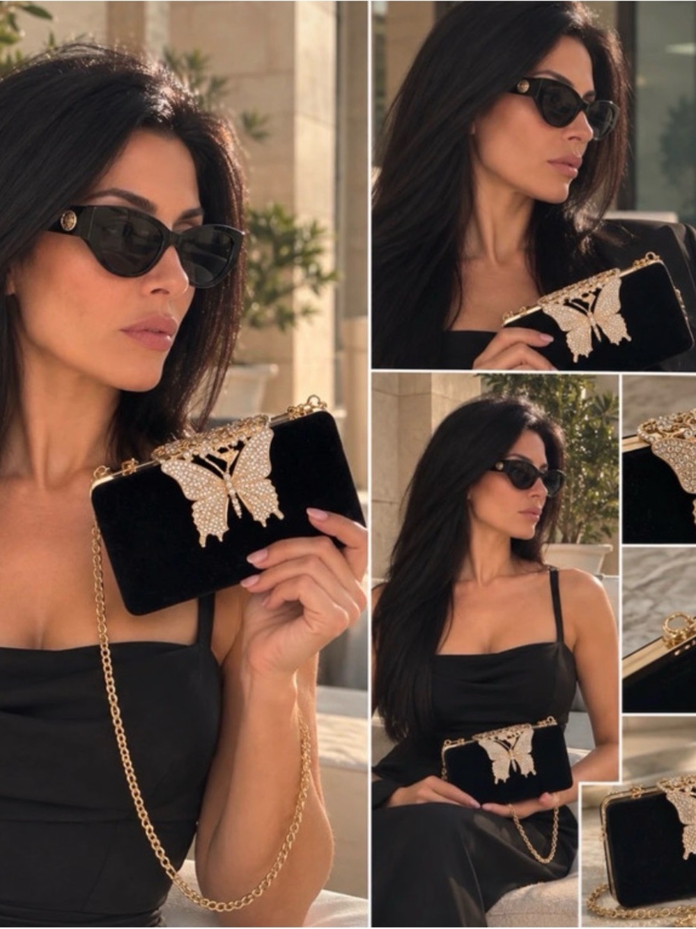 Black Velvet Butterfly Accent Clutch with Gold Chain